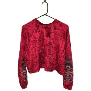 System Red Velvet Embroidered Sleeve Crop Blouse, Sz L